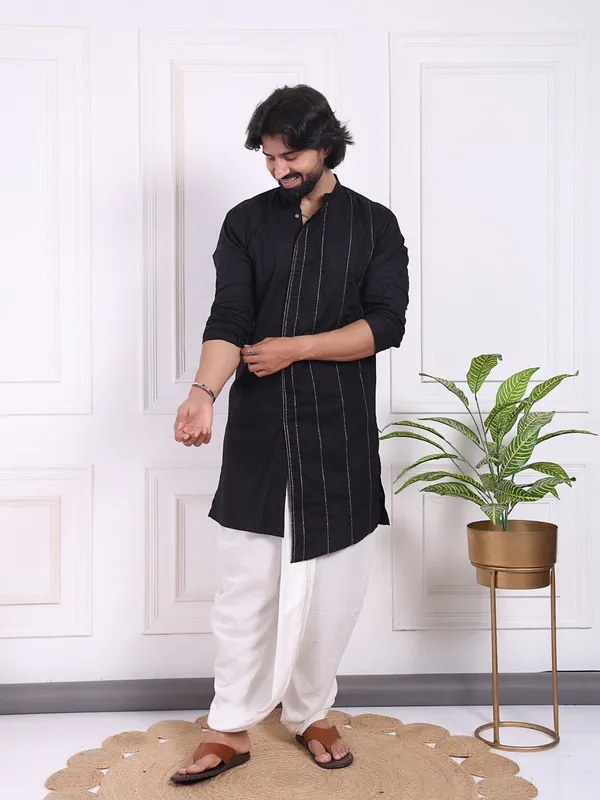 Black_Cotton_Kurta_With_Golden_Thread_Detailing_For_Men