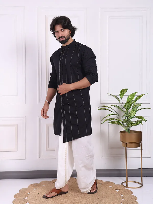 Black_Cotton_Kurta_With_Golden_Thread_Detailing_For_Men