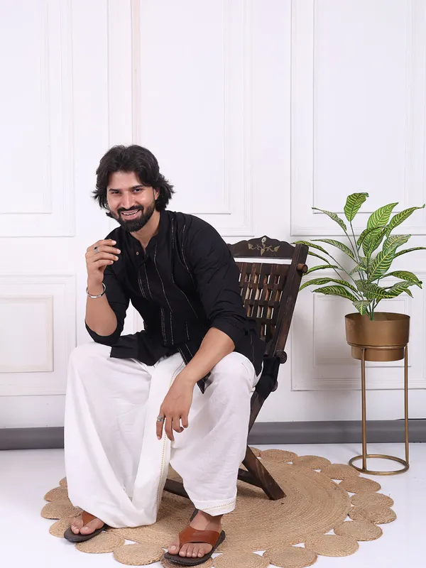 Black_Cotton_Kurta_With_Golden_Thread_Detailing_For_Men