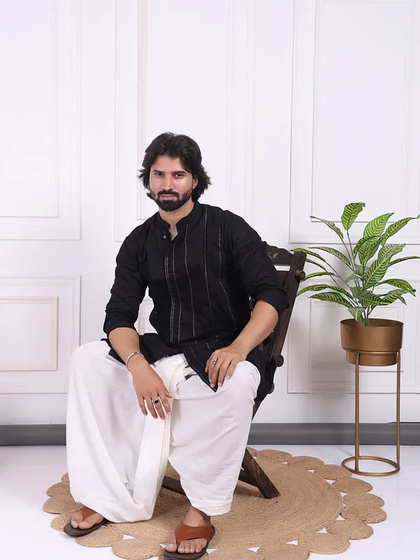 Black_Cotton_Kurta_With_Golden_Thread_Detailing_For_Men