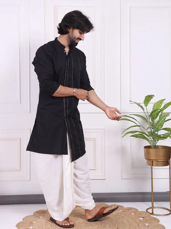 Black_Cotton_Kurta_With_Golden_Thread_Detailing_For_Men