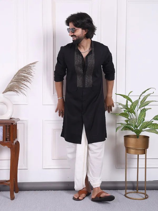 Black_Cotton_Blend_Kurta_With_Golden_Thread_Accents_On_The_Front_For_Men