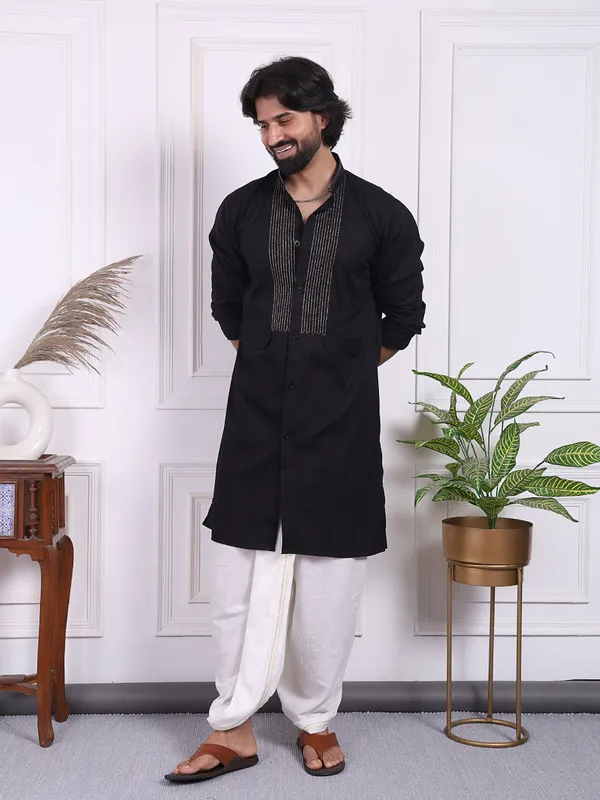 Black_Cotton_Blend_Kurta_With_Golden_Thread_Accents_On_The_Front_For_Men