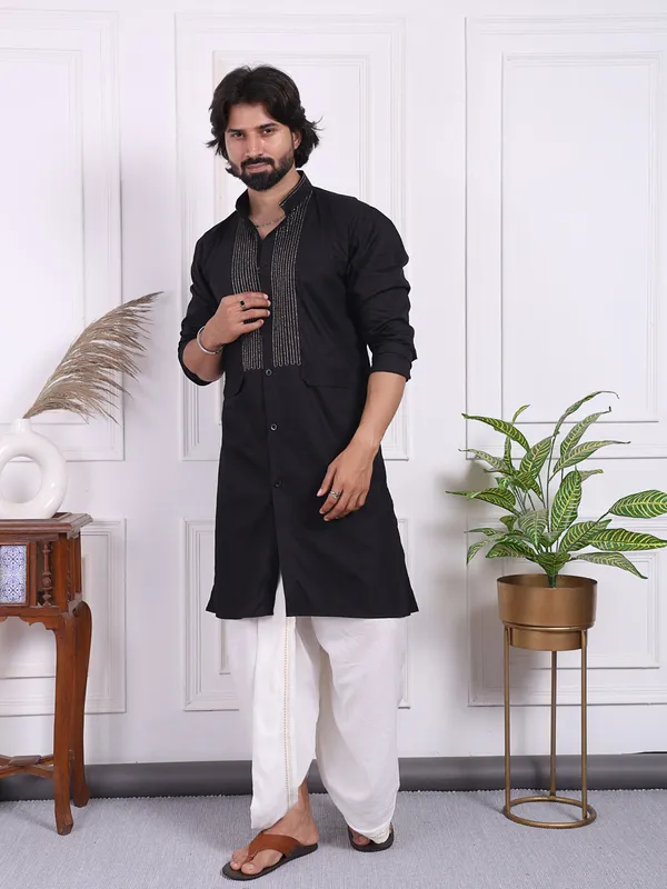 Black_Cotton_Blend_Kurta_With_Golden_Thread_Accents_On_The_Front_For_Men