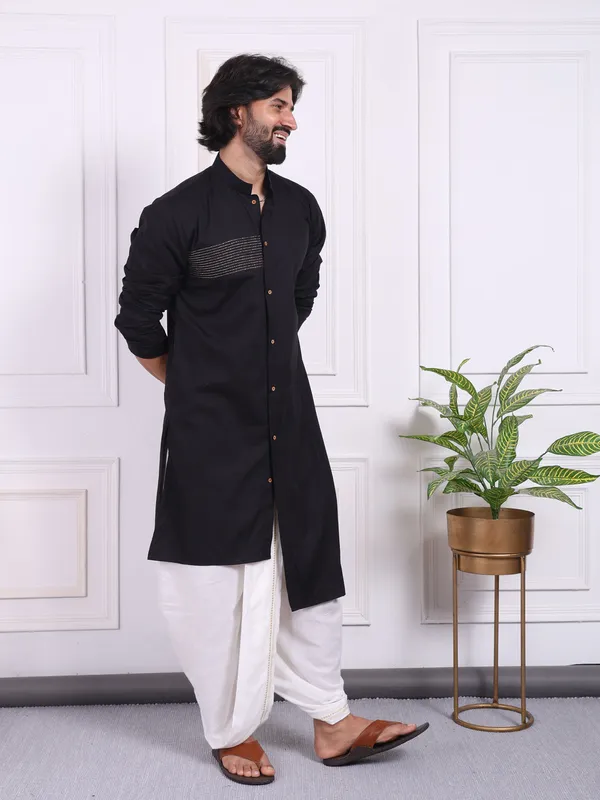 Black_Cotton_Men_Angrakha_Kurta_With_A_Front_High_Low_Style_For_Men
