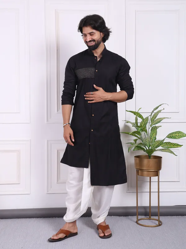 Black_Cotton_Men_Angrakha_Kurta_With_A_Front_High_Low_Style_For_Men
