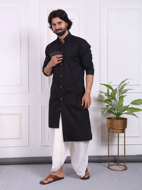 Black_Cotton_Men_Angrakha_Kurta_With_A_Front_High_Low_Style_For_Men