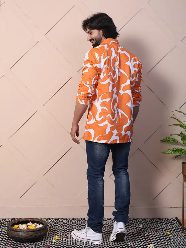 Orange_Viscose_Printed_Shirt_Featuring_A_Half_Placket_High_Low_Hem_For_Men