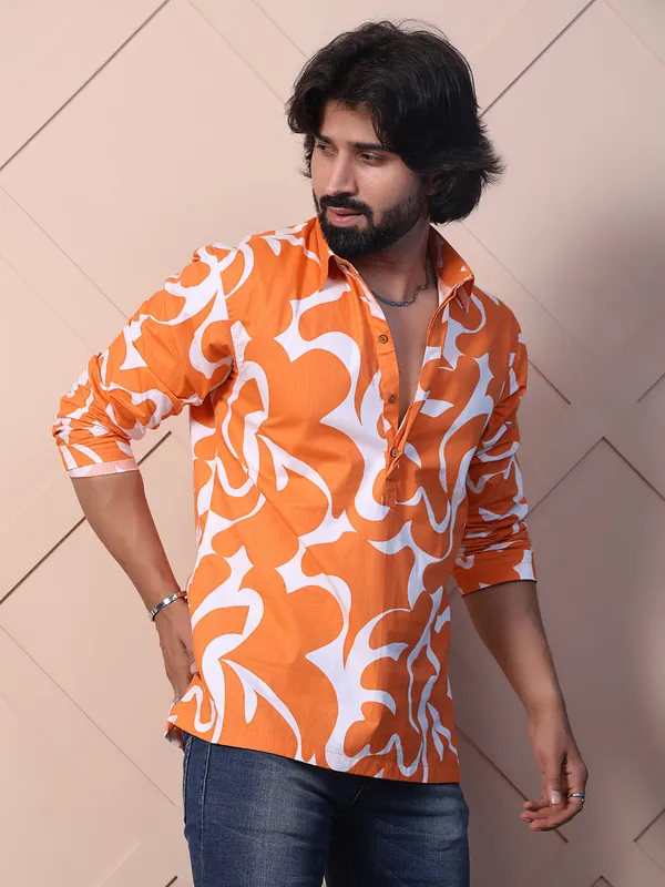 Orange_Viscose_Printed_Shirt_Featuring_A_Half_Placket_High_Low_Hem_For_Men