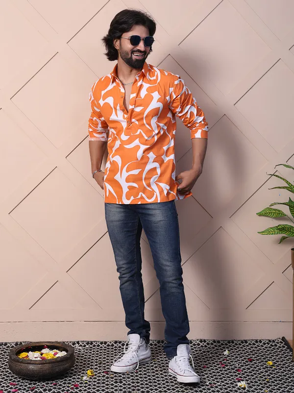 Orange_Viscose_Printed_Shirt_Featuring_A_Half_Placket_High_Low_Hem_For_Men