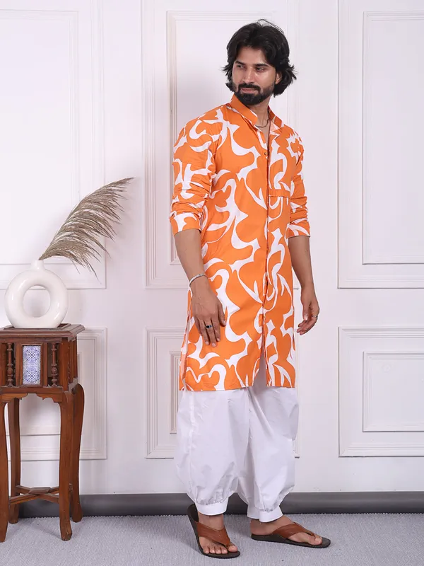 Orange_Cotton_Printed_Kurta_With_A_Straight_Fit_Cut_For_Men