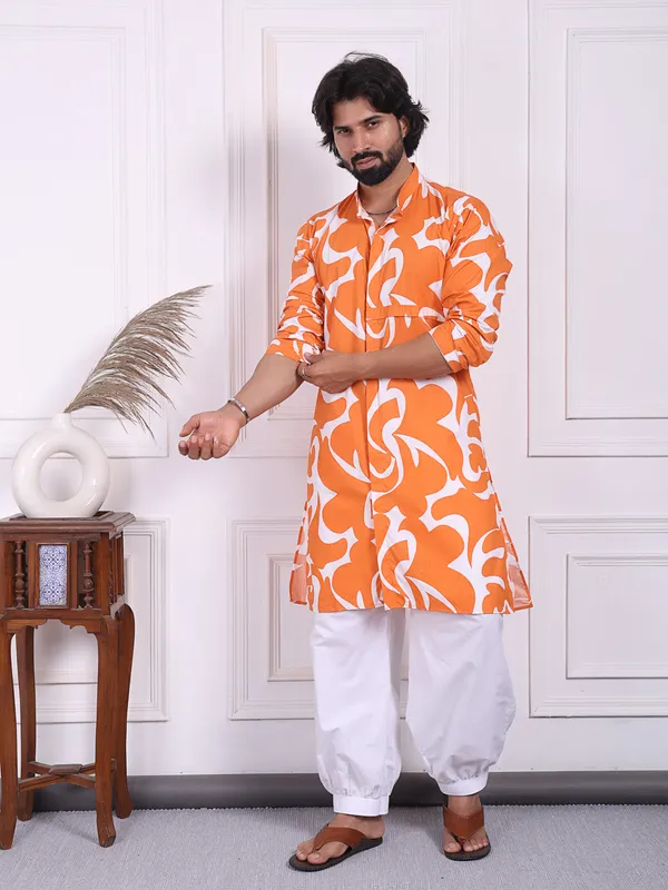 Orange_Cotton_Printed_Kurta_With_A_Straight_Fit_Cut_For_Men