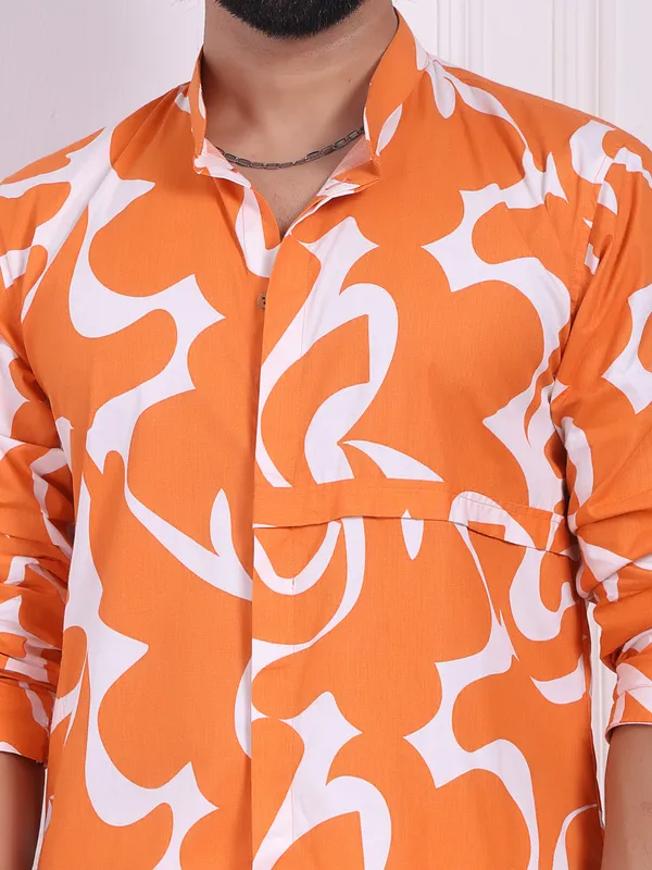 Orange_Cotton_Printed_Kurta_With_A_Straight_Fit_Cut_For_Men