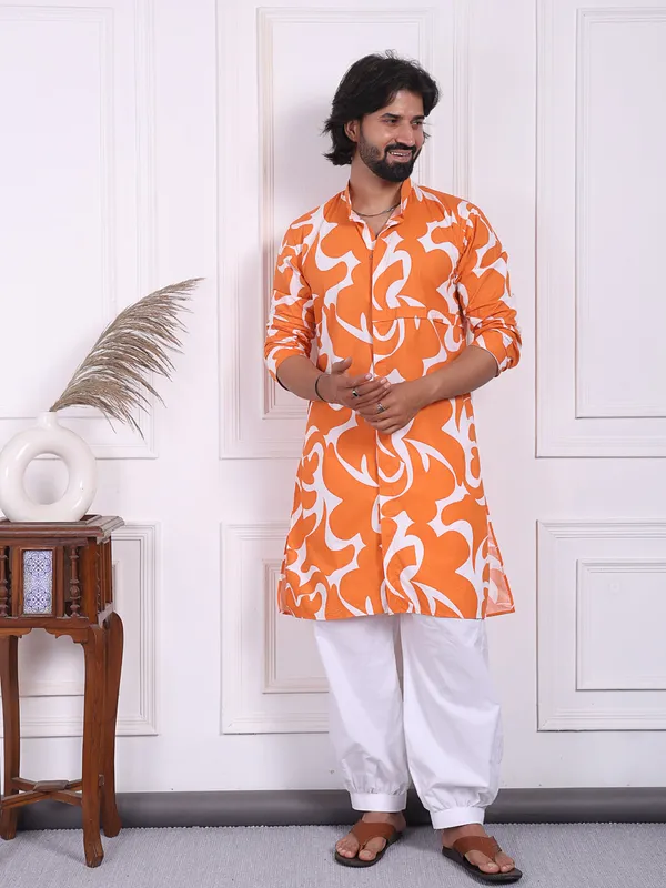 Orange_Cotton_Printed_Kurta_With_A_Straight_Fit_Cut_For_Men