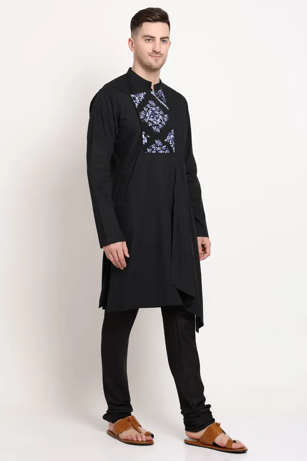 Black_Cotton_Kurta_With_Printed_Yoke_Design_For_Men