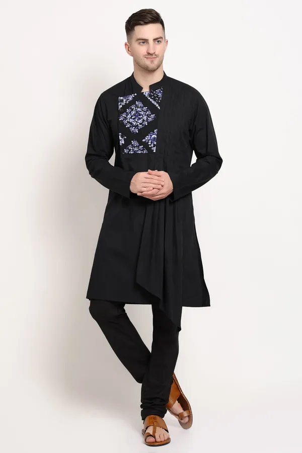 Black_Cotton_Kurta_With_Printed_Yoke_Design_For_Men