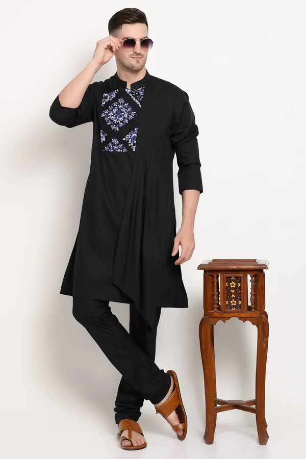 Black_Cotton_Kurta_With_Printed_Yoke_Design_For_Men