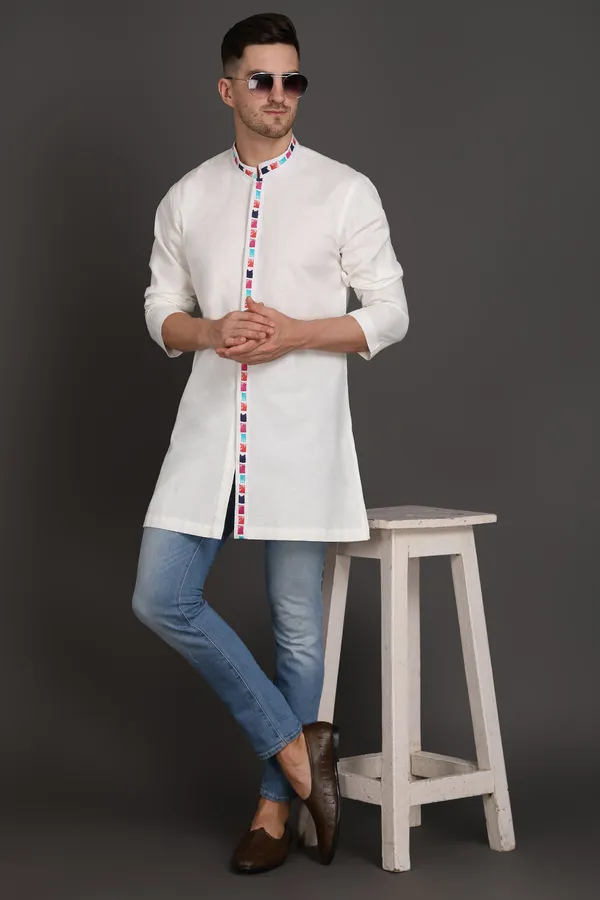 White_Cotton_Kurta_With_Printed_Placket_For_Men