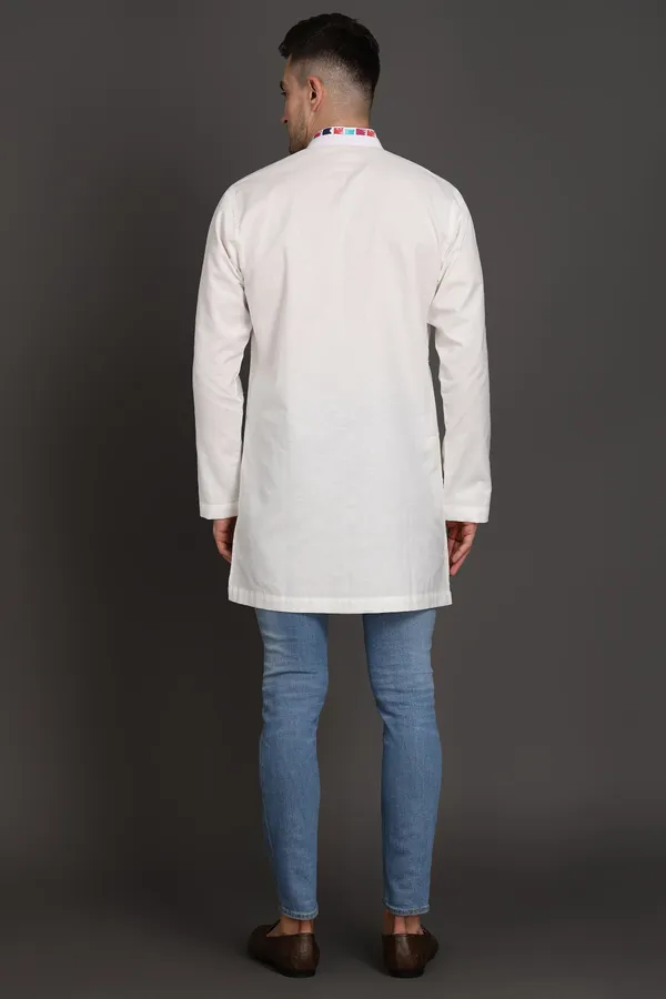 White_Cotton_Kurta_With_Printed_Placket_For_Men