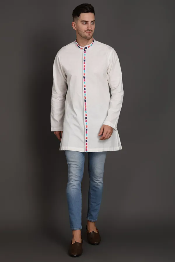 White_Cotton_Kurta_With_Printed_Placket_For_Men