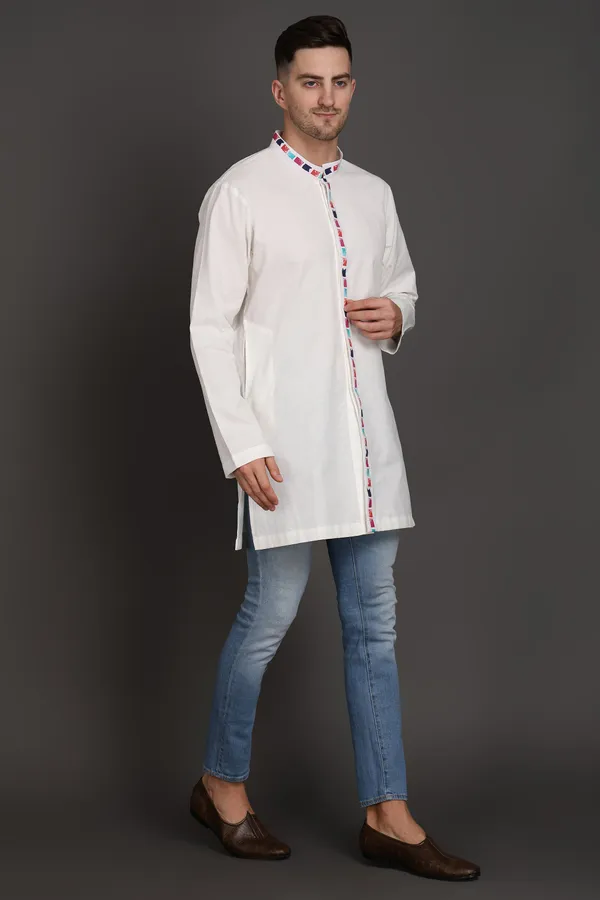 White_Cotton_Kurta_With_Printed_Placket_For_Men