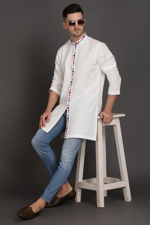 White_Cotton_Kurta_With_Printed_Placket_For_Men