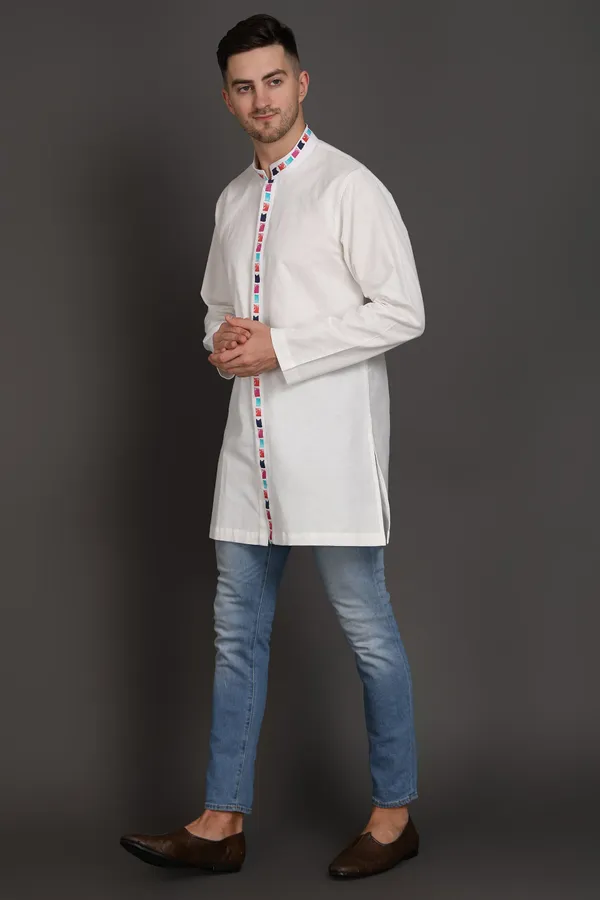 White_Cotton_Kurta_With_Printed_Placket_For_Men