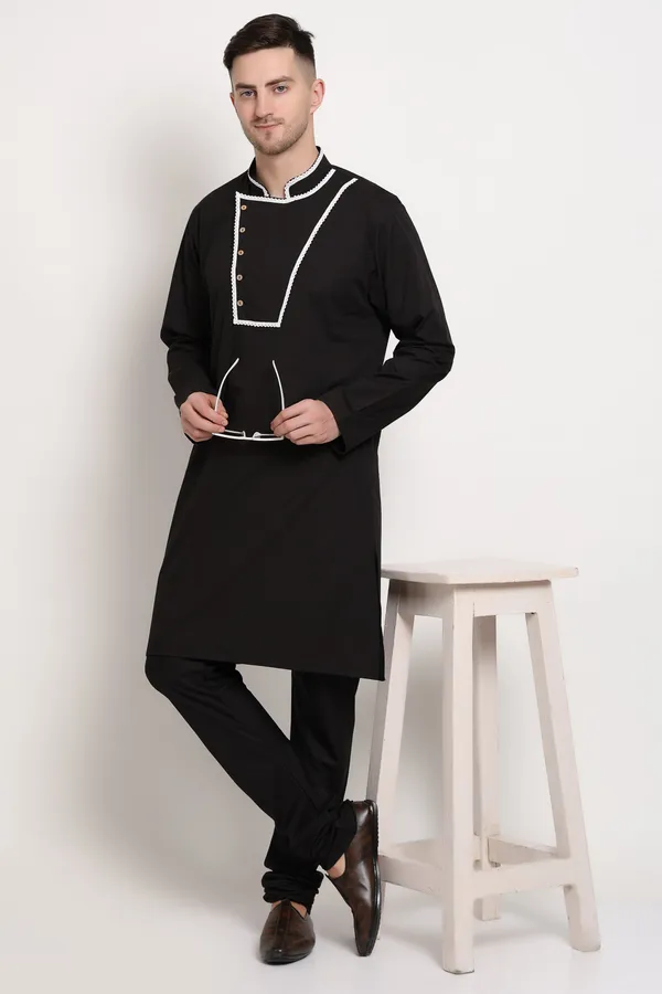 Black_Cotton_Kurta_With_Asymmetric_Detailing_For_Men