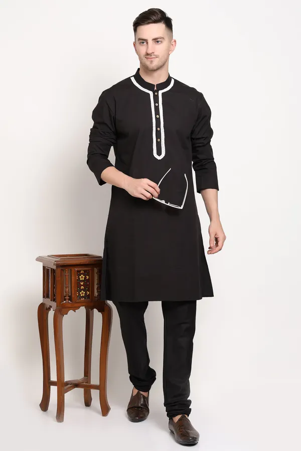 Black_Cotton_Kurta_With_Contrast_Lace_Charm_For_Men