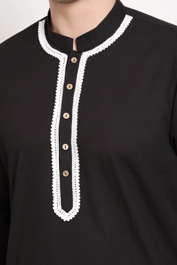 Black_Cotton_Kurta_With_Contrast_Lace_Charm_For_Men