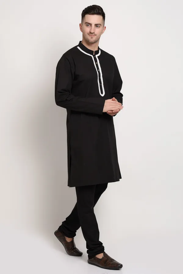 Black_Cotton_Kurta_With_Contrast_Lace_Charm_For_Men