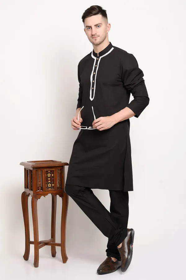 Black_Cotton_Kurta_With_Contrast_Lace_Charm_For_Men