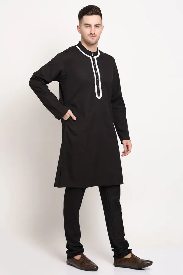 Black_Cotton_Kurta_With_Contrast_Lace_Charm_For_Men