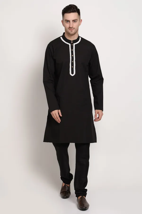 Black_Cotton_Kurta_With_Contrast_Lace_Charm_For_Men