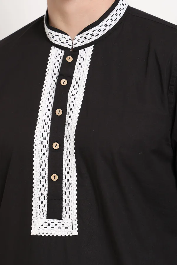 Black_Cotton_Kurta_With_White_Embroidered_Placket_For_Men