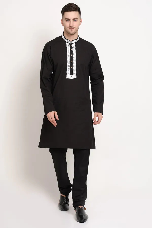 Black_Cotton_Kurta_With_White_Embroidered_Placket_For_Men