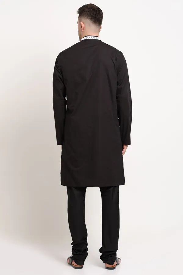 Black_Cotton_Kurta_With_White_Embroidered_Placket_For_Men