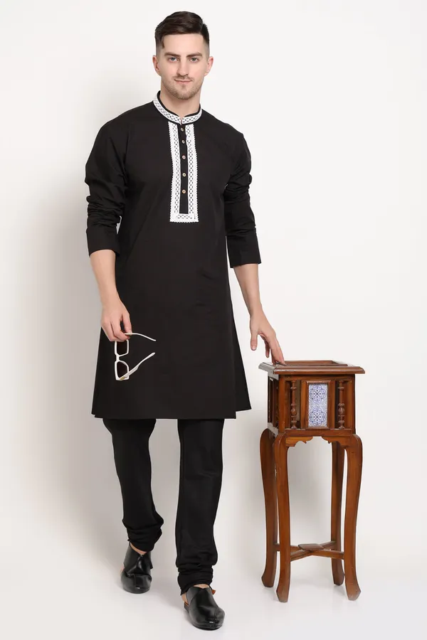 Black_Cotton_Kurta_With_White_Embroidered_Placket_For_Men