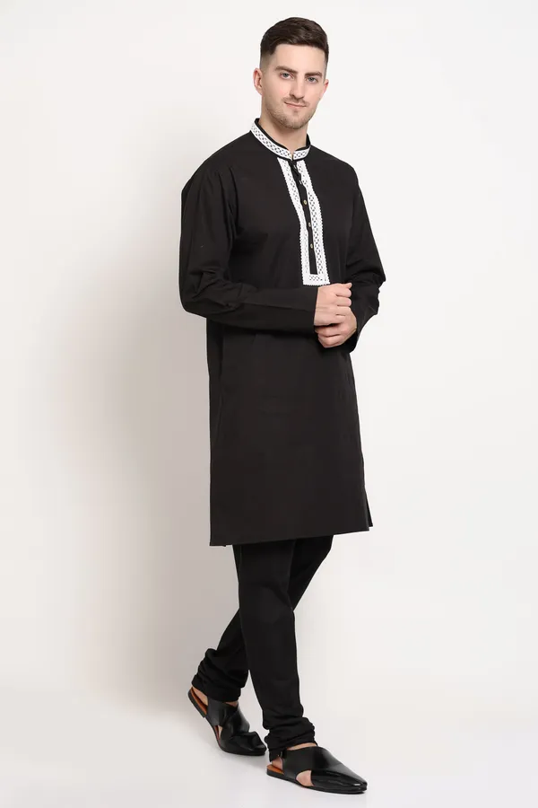 Black_Cotton_Kurta_With_White_Embroidered_Placket_For_Men