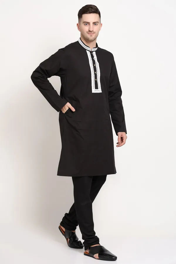 Black_Cotton_Kurta_With_White_Embroidered_Placket_For_Men