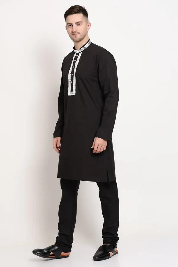 Black_Cotton_Kurta_With_White_Embroidered_Placket_For_Men