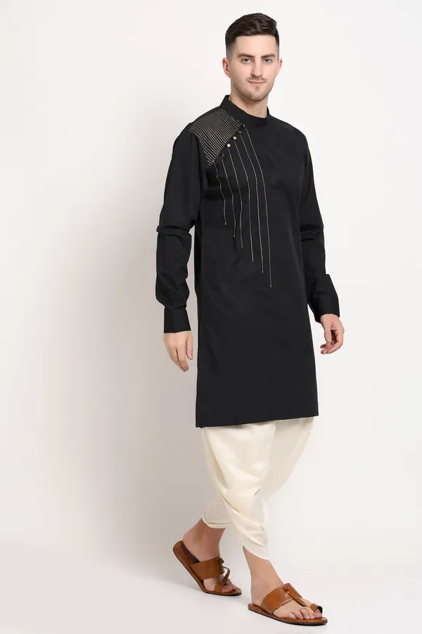 Black_Cotton_Blend_Kurta_With_Golden_Shoulder_Accent_For_Men