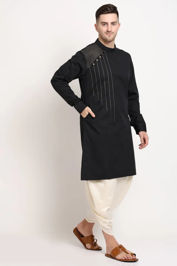 Black_Cotton_Blend_Kurta_With_Golden_Shoulder_Accent_For_Men