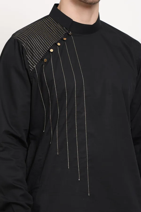 Black_Cotton_Blend_Kurta_With_Golden_Shoulder_Accent_For_Men