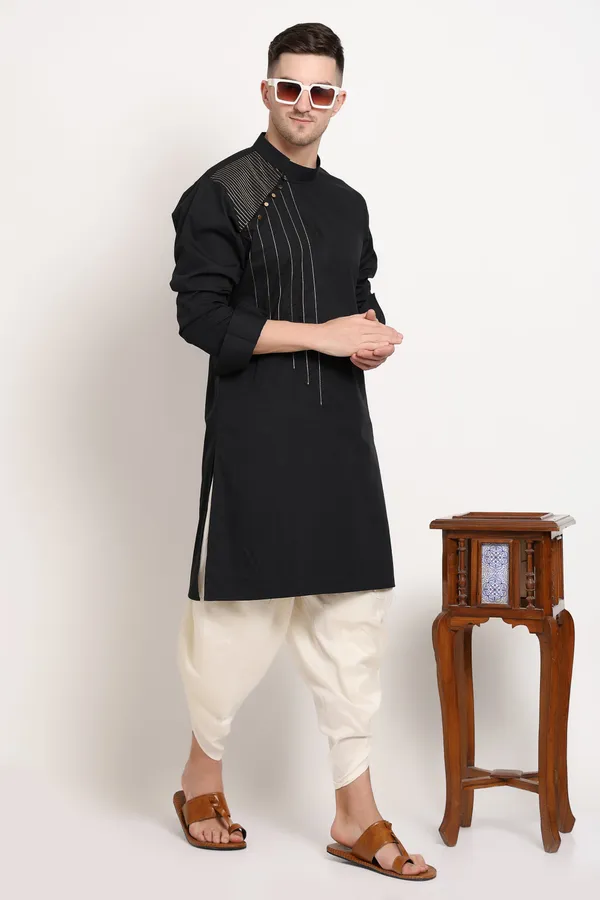 Black_Cotton_Blend_Kurta_With_Golden_Shoulder_Accent_For_Men
