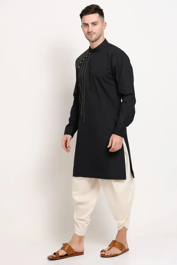 Black_Cotton_Blend_Kurta_With_Golden_Shoulder_Accent_For_Men