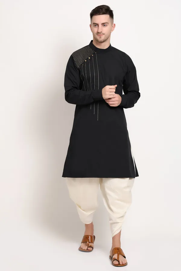 Black_Cotton_Blend_Kurta_With_Golden_Shoulder_Accent_For_Men