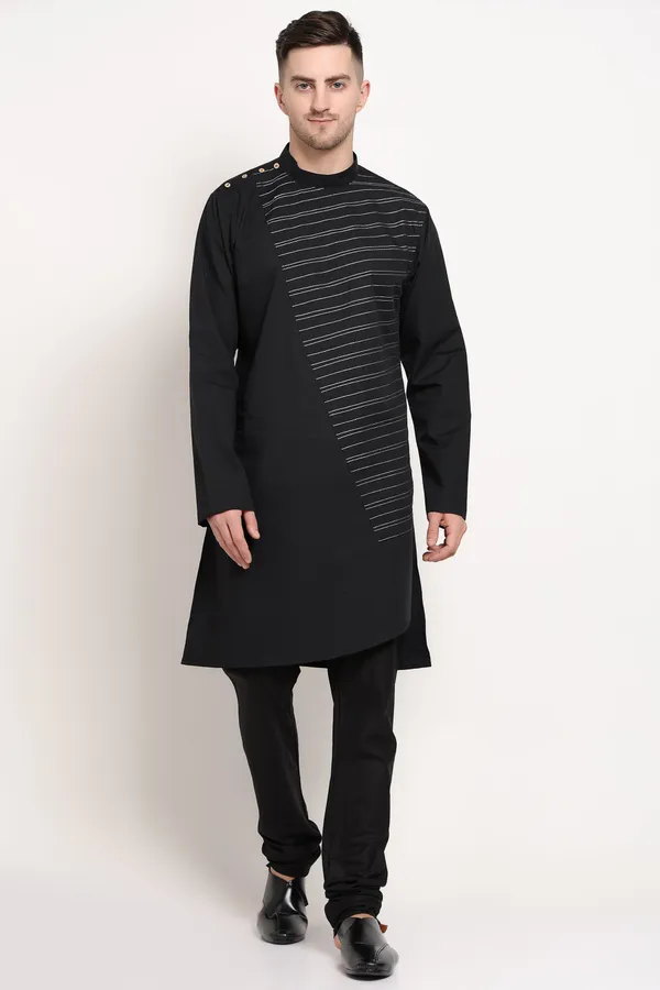 Black_Cotton_Striker_Line_Kurta_With_Diagonal_Edge_Detailing_For_Men
