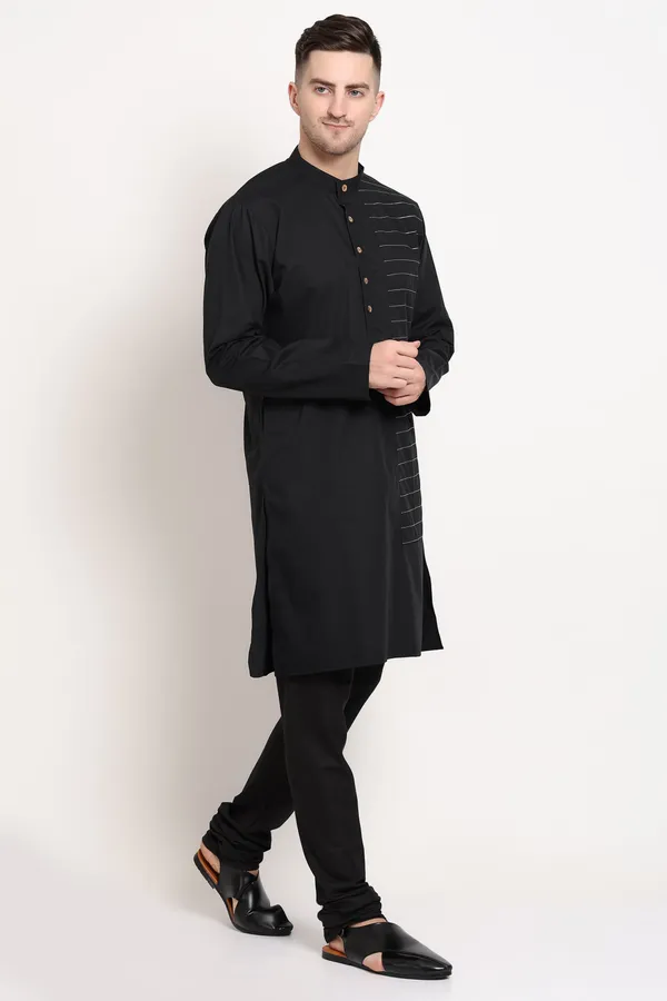 Black_Cotton_Linear_Crest_Kurta_With_Horizontal_Stripe_Accent_For_Men