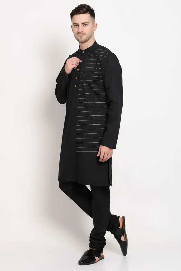 Black_Cotton_Linear_Crest_Kurta_With_Horizontal_Stripe_Accent_For_Men